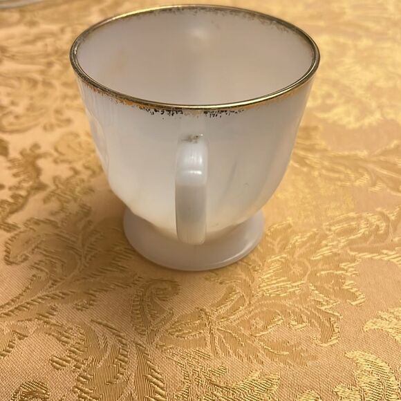 Vintage Fire King Footed Swirl Milk Glass Creamer & Sugar Set – Gold Rim – Made - Picture 9 of 13